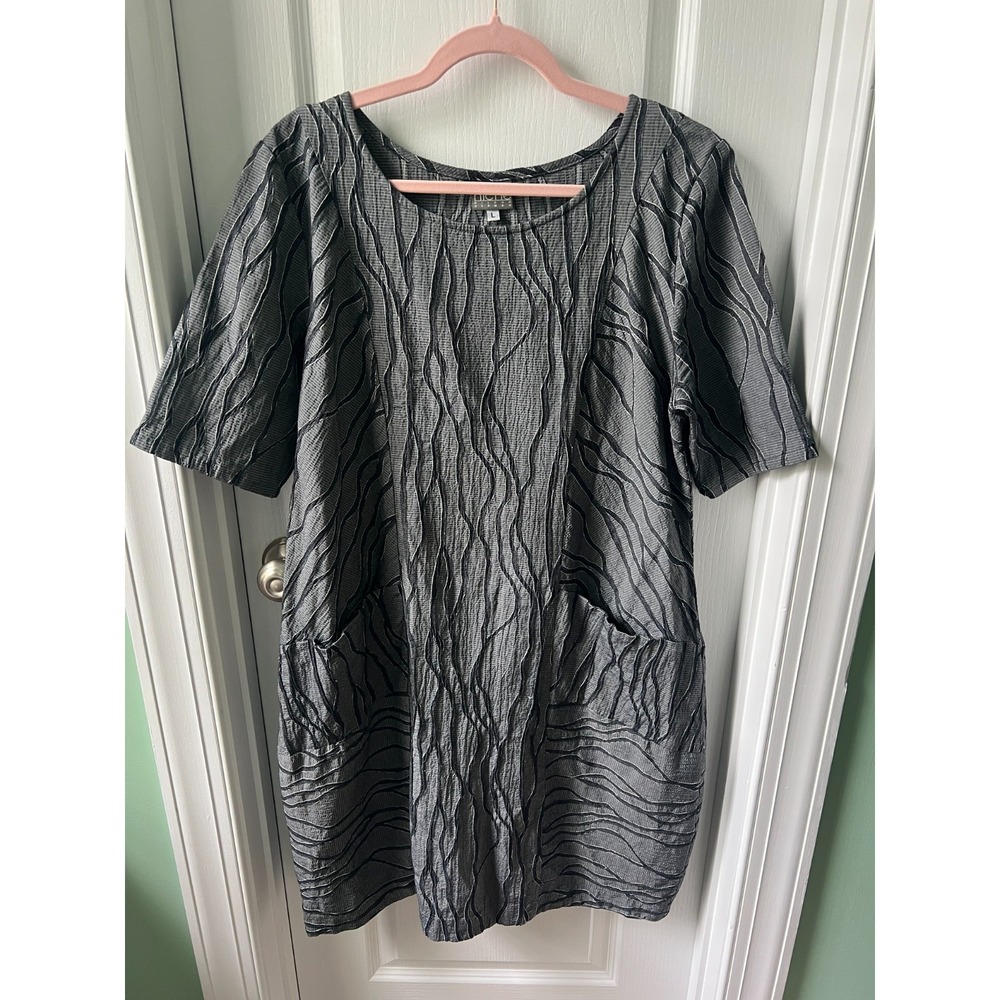 NICHE Nilgun Derman Black Gray Textured Dress Pockets Short Sleeve‎ Size Large
